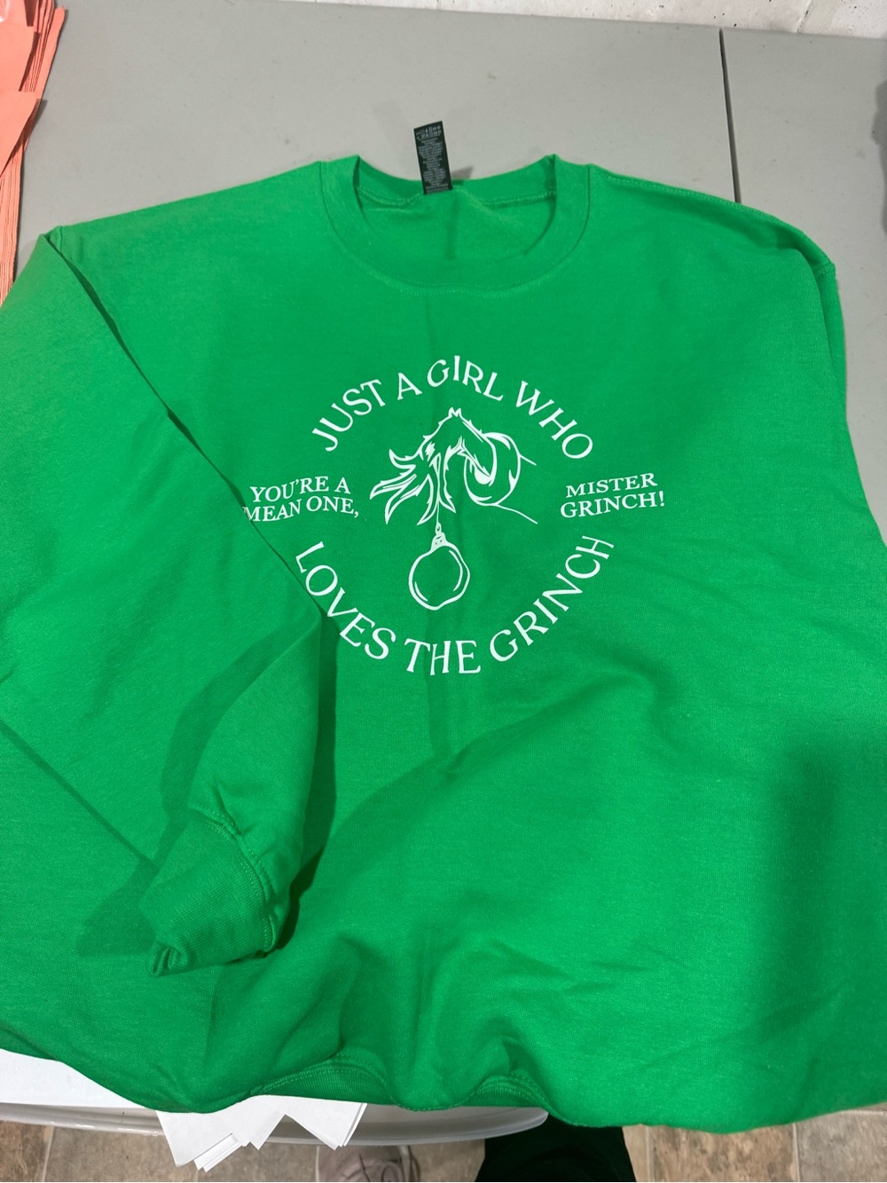 Hand Crafted Green Crewneck Sweatshirt with White‎ Grinch Graphic